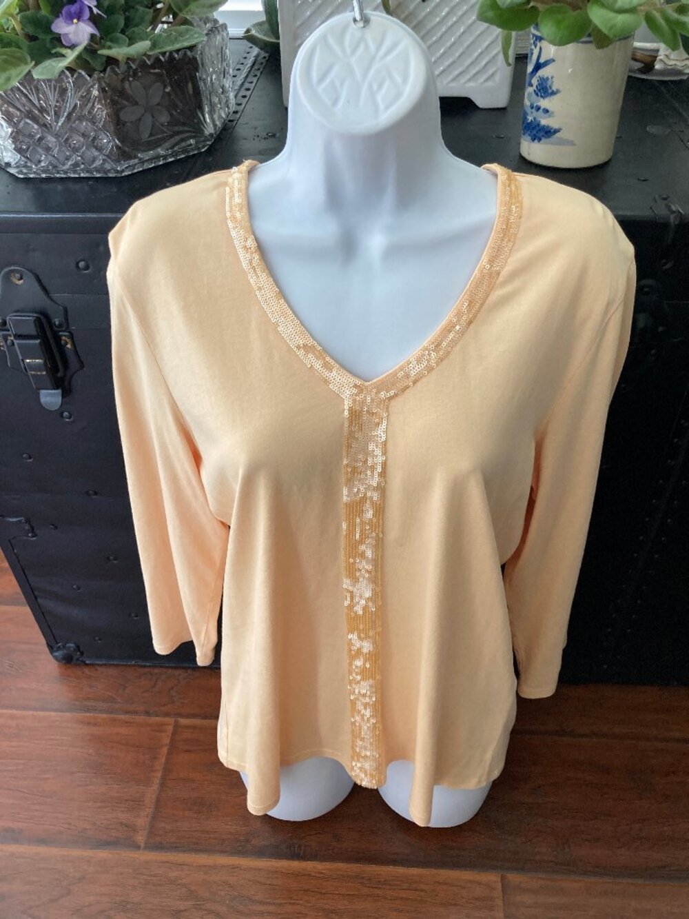 Talbots Pale Yellow V Neck Sequin Trimmed Blouse Large